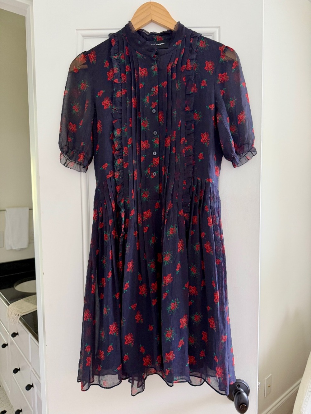 The Kooples Silk Navy Dress with Red Flowers